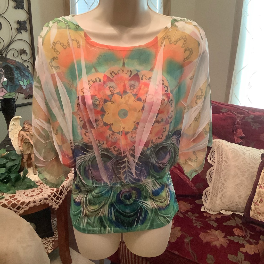 Design Works Sheer Flowy Gypsy Hippie Top Wide Bottom Band Large